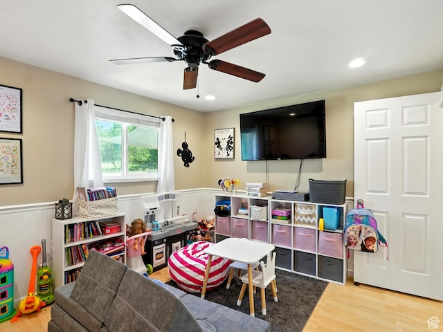2802 W 4875 S, Roy, UT 84067 - recreation room with wainscoting, wood finished floors, a ceiling fan, and recessed lighting