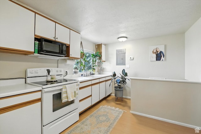 3074 W 3200 N, Benson, UT 84335 - kitchen with black microwave, white electric range oven, light wood finished floors, light countertops, and a textured ceiling