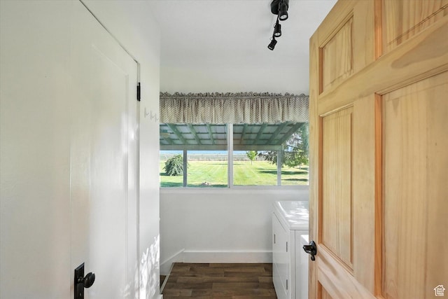 3074 W 3200 N, Benson, UT 84335 - laundry area with washing machine and clothes dryer and dark wood finished floors