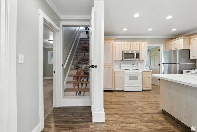 3074 W 3200 N, Benson, UT 84335 - kitchen with stainless steel appliances, crown molding, light brown cabinetry, light countertops, and light wood-style flooring