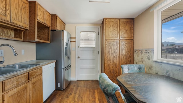 1254 Marilyn Dr, Layton, UT 84041 - kitchen with dishwasher, dark wood-style floors, open shelves, brown cabinets, and light countertops