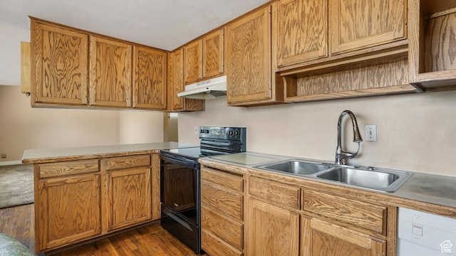 1254 Marilyn Dr, Layton, UT 84041 - kitchen with under cabinet range hood, black range with electric stovetop, dark wood-style floors, dishwasher, and a peninsula