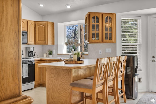 1156 E Avalon Hills Dr N, Ogden, UT 84404 - kitchen with gas stove, black microwave, light countertops, glass insert cabinets, and a peninsula