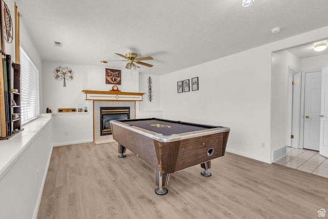 1156 E Avalon Hills Dr N, Ogden, UT 84404 - rec room featuring billiards table, light wood-type flooring, ceiling fan, and a fireplace