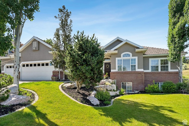 1036 E Fairway Dr, North Salt Lake, UT 84054 - view of front of property with brick siding, a front lawn, an attached garage, and stucco siding