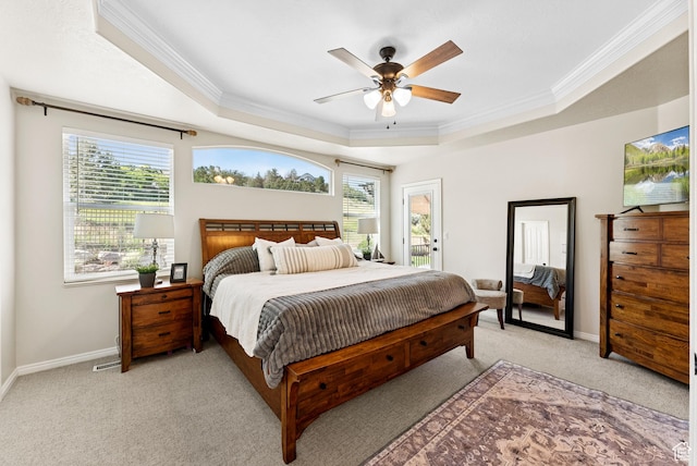 1036 E Fairway Dr, North Salt Lake, UT 84054 - bedroom featuring a raised ceiling, crown molding, light colored carpet, ceiling fan, and access to outside