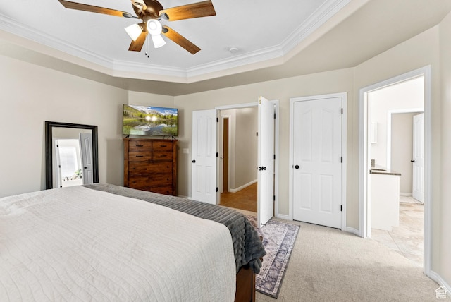 1036 E Fairway Dr, North Salt Lake, UT 84054 - bedroom featuring crown molding, light carpet, ensuite bath, and ceiling fan