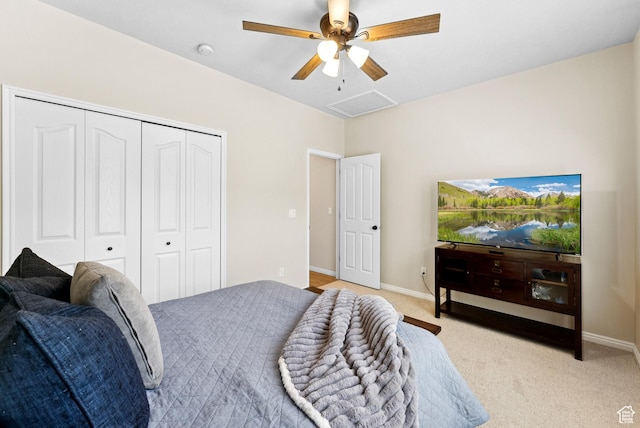 1036 E Fairway Dr, North Salt Lake, UT 84054 - bedroom with light colored carpet, a closet, and ceiling fan