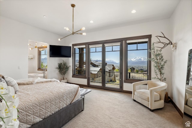 1467 N Chimney Rock Rd, Heber City, UT 84032 - carpeted bedroom featuring a chandelier, access to outside, ensuite bath, and recessed lighting