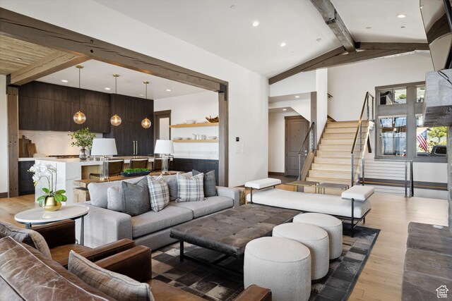 1467 N Chimney Rock Rd, Heber City, UT 84032 - living area featuring light wood-type flooring, recessed lighting, and stairs