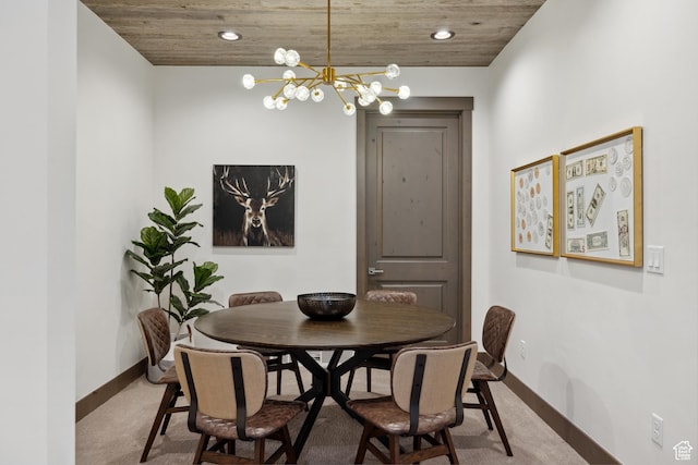 1467 N Chimney Rock Rd, Heber City, UT 84032 - dining area featuring a chandelier, light colored carpet, recessed lighting, and wooden ceiling