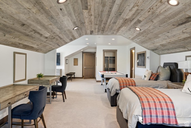 1467 N Chimney Rock Rd, Heber City, UT 84032 - bedroom with recessed lighting, wood ceiling, light colored carpet, and lofted ceiling