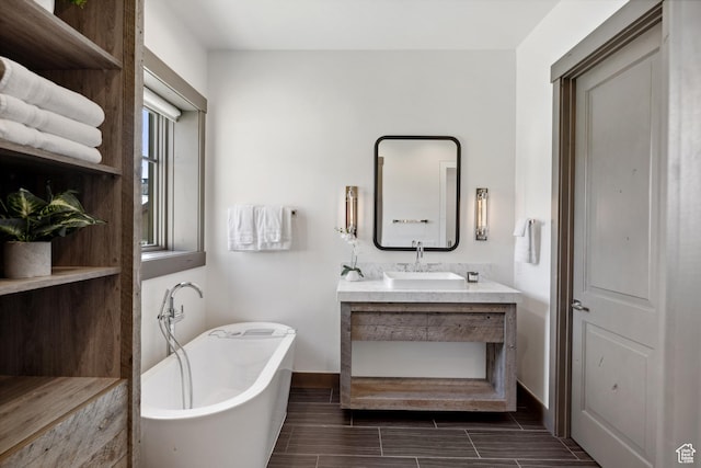 1467 N Chimney Rock Rd, Heber City, UT 84032 - bathroom featuring a soaking tub, vanity, and wood tiled floors