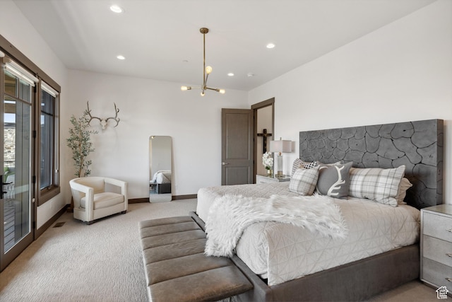 1467 N Chimney Rock Rd, Heber City, UT 84032 - bedroom with light colored carpet, a chandelier, access to outside, and recessed lighting
