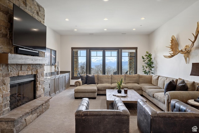 1467 N Chimney Rock Rd, Heber City, UT 84032 - carpeted living room with a stone fireplace and recessed lighting