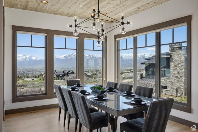 1467 N Chimney Rock Rd, Heber City, UT 84032 - dining room featuring a chandelier, wood ceiling, light wood finished floors, and a mountain view