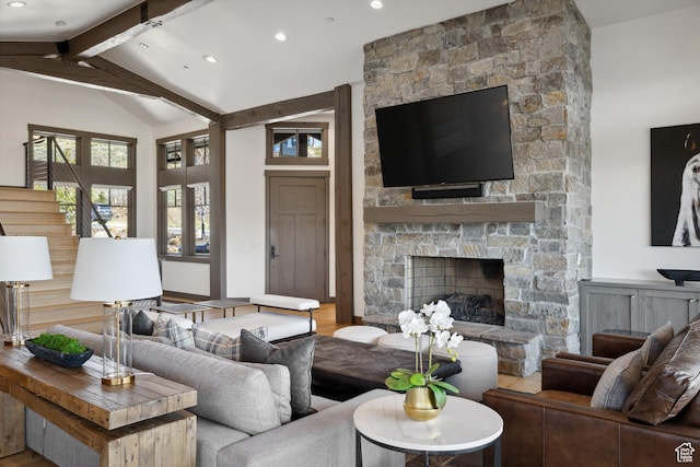 1467 N Chimney Rock Rd, Heber City, UT 84032 - living area with stairs, beamed ceiling, a stone fireplace, wood finished floors, and recessed lighting