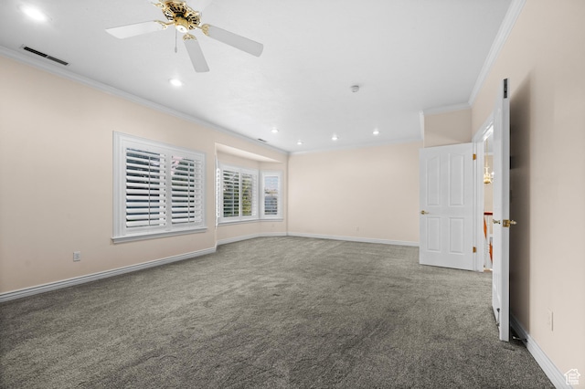 5864 Majestic Pine Dr, Murray, UT 84107 - unfurnished room with ornamental molding, carpet floors, ceiling fan, and recessed lighting