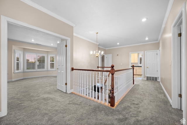 5864 Majestic Pine Dr, Murray, UT 84107 - corridor featuring carpet floors, ornamental molding, a chandelier, recessed lighting, and an upstairs landing