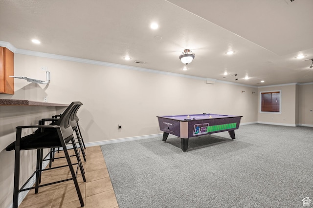 5864 Majestic Pine Dr, Murray, UT 84107 - recreation room with ornamental molding, recessed lighting, light tile patterned floors, and billiards