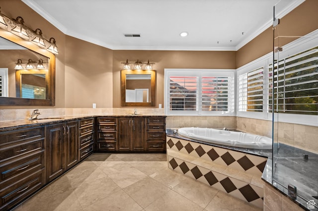 5864 Majestic Pine Dr, Murray, UT 84107 - full bathroom with double vanity, a garden tub, tile patterned flooring, crown molding, and recessed lighting