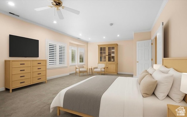 5864 Majestic Pine Dr, Murray, UT 84107 - bedroom featuring ornamental molding, recessed lighting, light carpet, and a ceiling fan