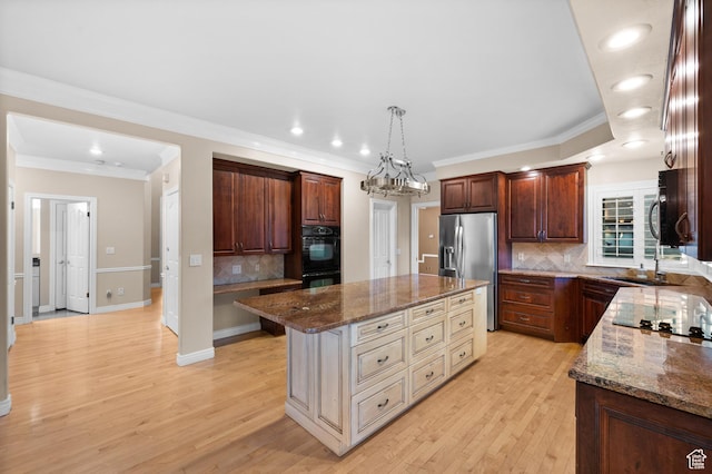 5864 Majestic Pine Dr, Murray, UT 84107 - kitchen featuring stainless steel fridge, a center island, backsplash, dark stone countertops, and recessed lighting