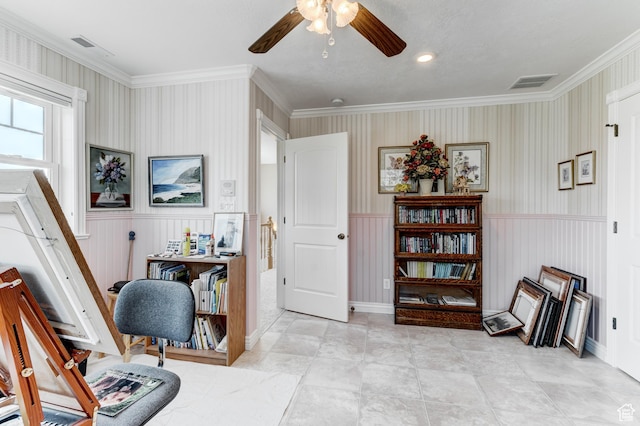 30455 N 11000 E, Fairview, UT 84629 - office space featuring a ceiling fan, a wainscoted wall, ornamental molding, and wallpapered walls