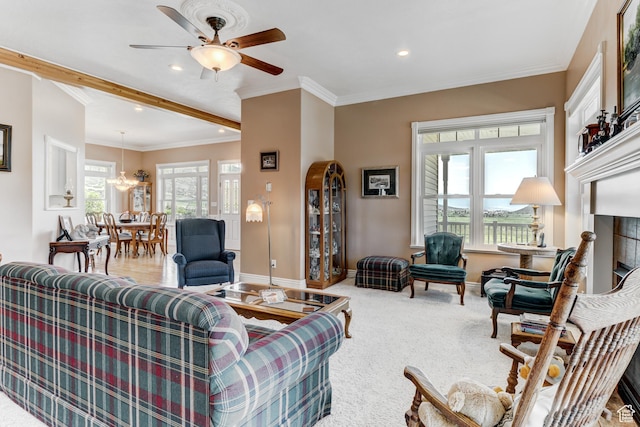 30455 N 11000 E, Fairview, UT 84629 - carpeted living area with a ceiling fan, recessed lighting, crown molding, and a chandelier