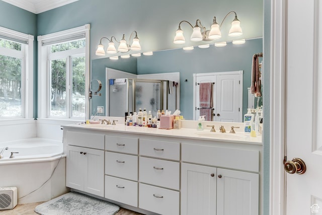 30455 N 11000 E, Fairview, UT 84629 - full bathroom with a stall shower, double vanity, a garden tub, and ornamental molding