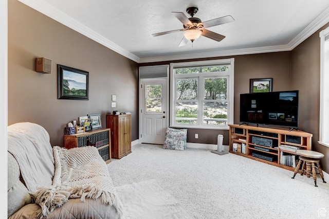 30455 N 11000 E, Fairview, UT 84629 - living area featuring ornamental molding, carpet floors, and ceiling fan