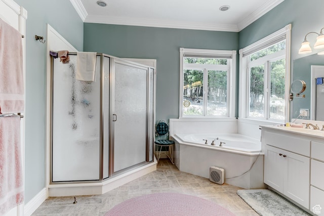 30455 N 11000 E, Fairview, UT 84629 - full bathroom with vanity, a shower stall, a garden tub, and ornamental molding