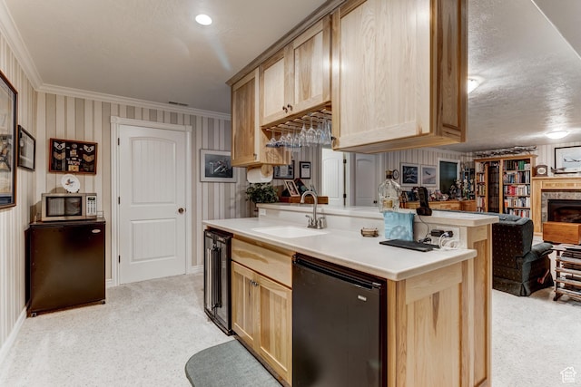 30455 N 11000 E, Fairview, UT 84629 - kitchen featuring light brown cabinets, stainless steel microwave, refrigerator, crown molding, and wine cooler
