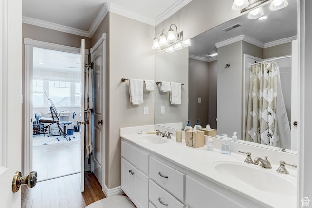 30455 N 11000 E, Fairview, UT 84629 - full bath featuring double vanity, wood finished floors, crown molding, and a shower with shower curtain