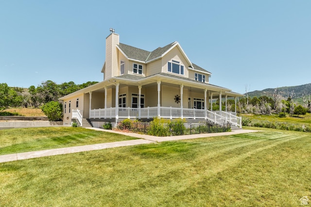 30455 N 11000 E, Fairview, UT 84629 - farmhouse-style home with a porch, a chimney, a front yard, and a shingled roof
