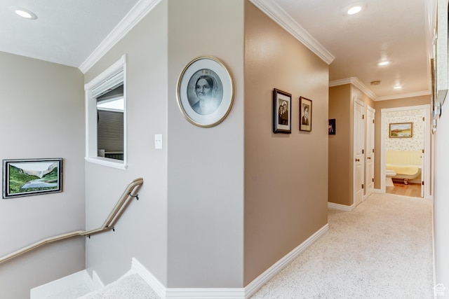 30455 N 11000 E, Fairview, UT 84629 - hallway featuring ornamental molding, recessed lighting, carpet, and an upstairs landing