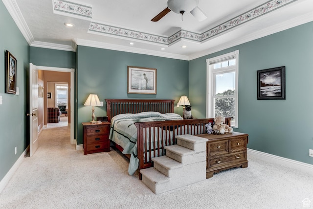 30455 N 11000 E, Fairview, UT 84629 - carpeted bedroom featuring crown molding, a tray ceiling, recessed lighting, and a ceiling fan