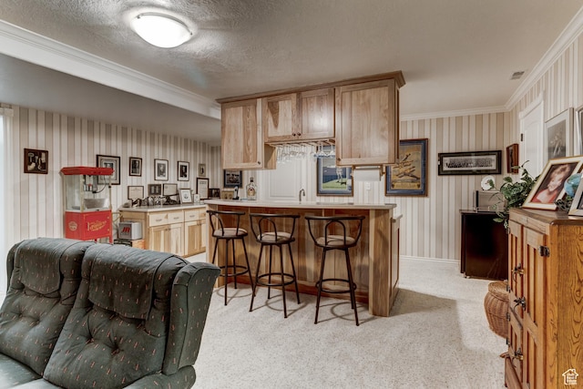 30455 N 11000 E, Fairview, UT 84629 - kitchen with crown molding, a kitchen bar, light countertops, light colored carpet, and light brown cabinetry