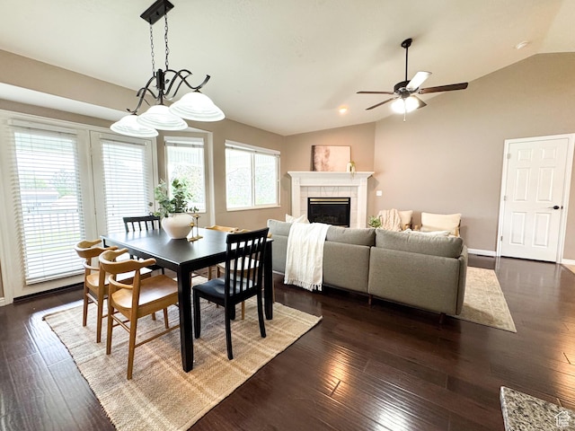 619 W 225 S, Layton, UT 84041 - dining room with lofted ceiling, ceiling fan, a tiled fireplace, and dark wood-type flooring