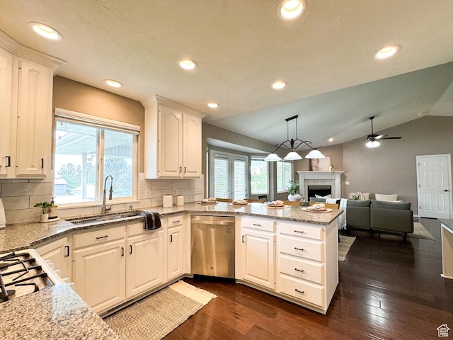 619 W 225 S, Layton, UT 84041 - kitchen with dishwasher, a peninsula, plenty of natural light, a fireplace, and vaulted ceiling