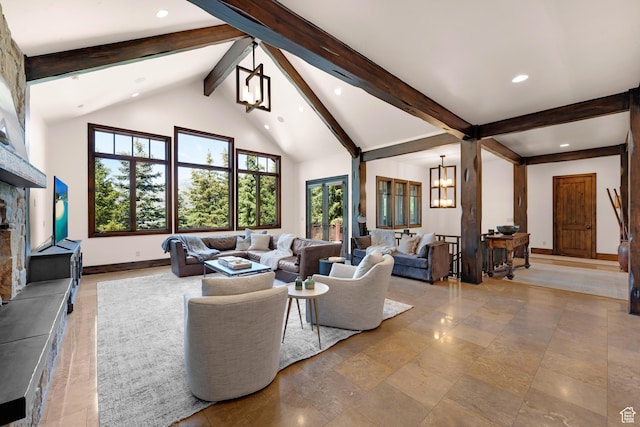 3327 E Wasatch Pines Ln, Sandy, UT 84092 - living room with a chandelier, beamed ceiling, recessed lighting, high vaulted ceiling, and a fireplace