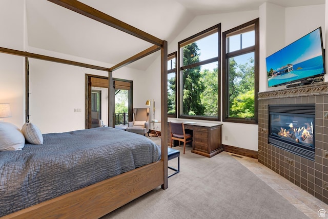 3327 E Wasatch Pines Ln, Sandy, UT 84092 - carpeted bedroom featuring vaulted ceiling and a tiled fireplace