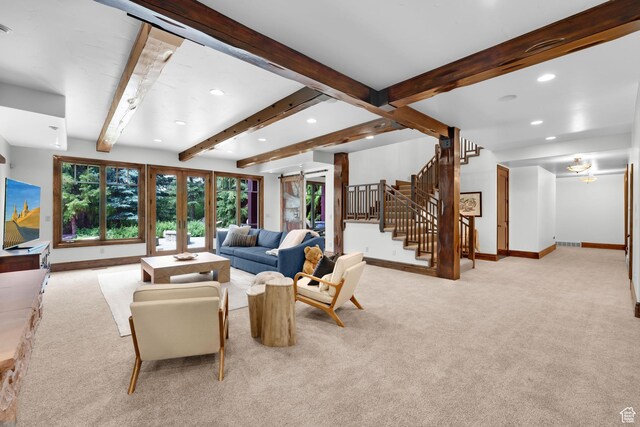 3327 E Wasatch Pines Ln, Sandy, UT 84092 - living room with carpet, recessed lighting, beam ceiling, and stairs