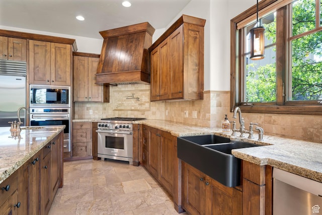 3327 E Wasatch Pines Ln, Sandy, UT 84092 - kitchen with built in appliances, premium range hood, decorative backsplash, light stone countertops, and recessed lighting