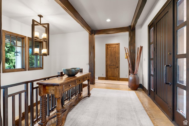 3327 E Wasatch Pines Ln, Sandy, UT 84092 - hall with beam ceiling, recessed lighting, and light tile patterned floors