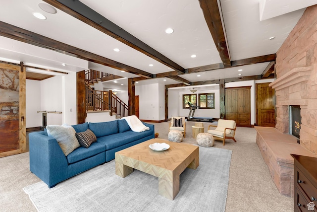 3327 E Wasatch Pines Ln, Sandy, UT 84092 - carpeted living area with beamed ceiling, recessed lighting, stairway, and a fireplace