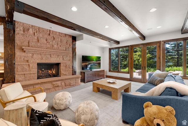 3327 E Wasatch Pines Ln, Sandy, UT 84092 - living area featuring recessed lighting, carpet floors, a fireplace, and beamed ceiling