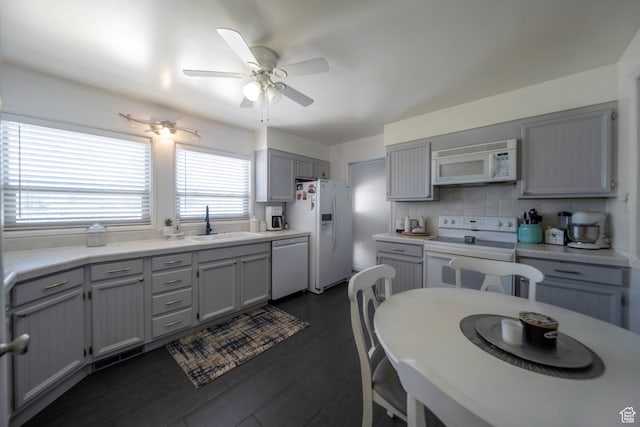 144 W 4575 S, Washington Terrace, UT 84405 - kitchen with white appliances, gray cabinetry, a ceiling fan, and light countertops