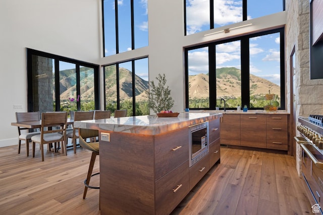 1882 N Main St, Mapleton, UT 84664 - kitchen featuring stainless steel appliances, modern cabinets, light wood finished floors, brown cabinets, and a high ceiling