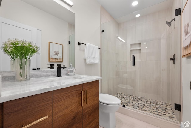 1882 N Main St, Mapleton, UT 84664 - bathroom with a shower stall, vanity, and recessed lighting